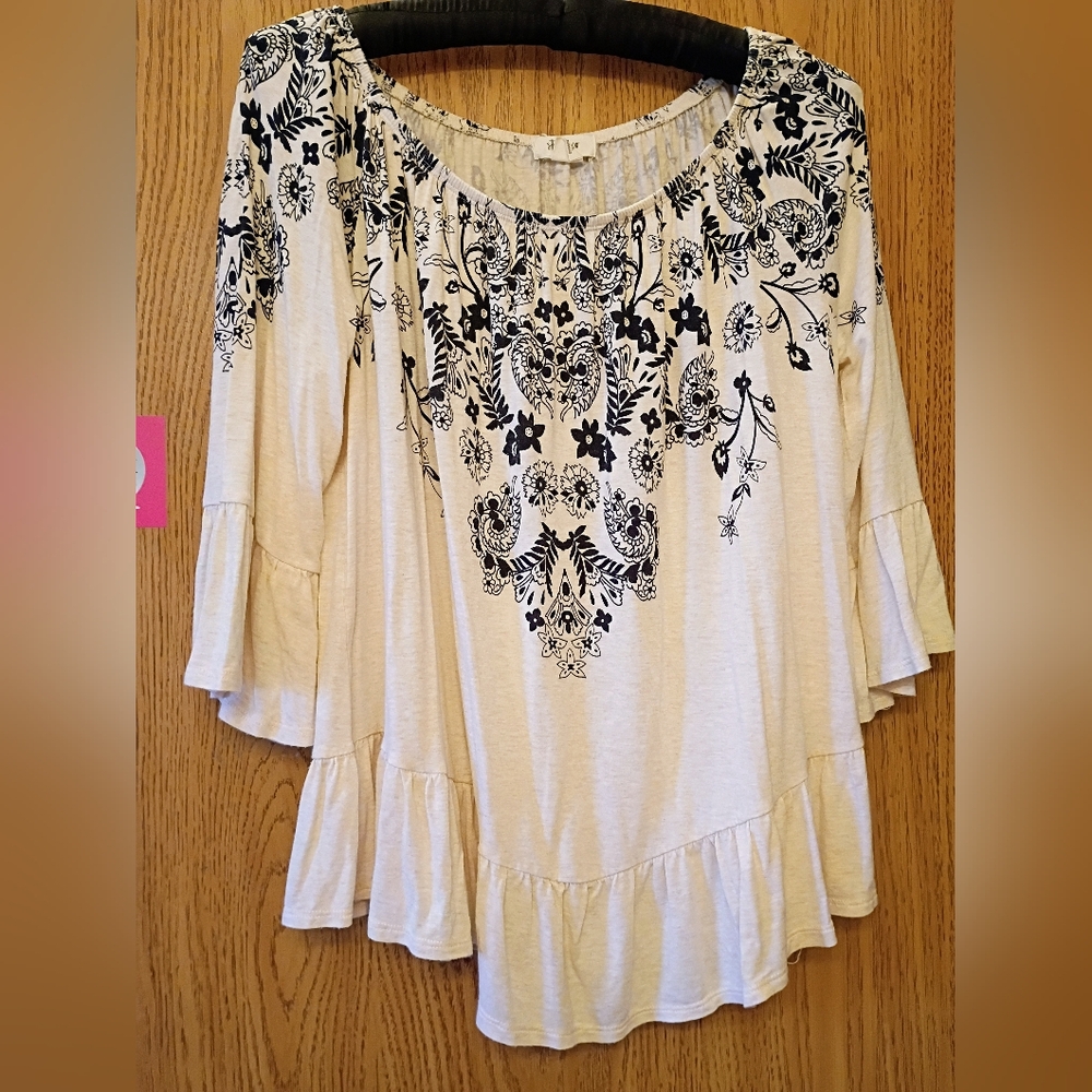 Style & Co. Cream Tunic with Black Floral Print and Ruffle Hem